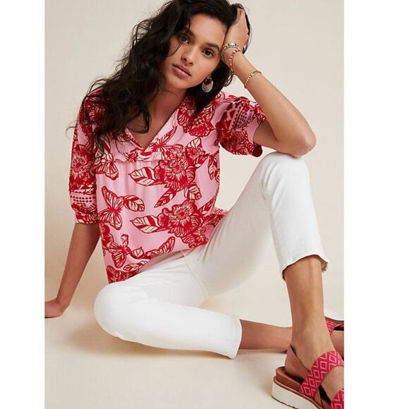 Anthropologie Vineet Bahl Inge Pink & Red Floral Embroidered Blouse - Picture 1 of 7